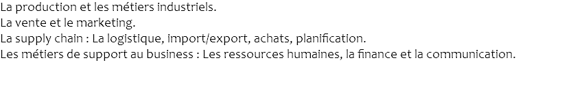 La production et les métiers industriels.
La vente et le marketing.
La supply chain : La logistique, import/export, achats, planification.
Les métiers de support au business : Les ressources humaines, la finance et la communication. 